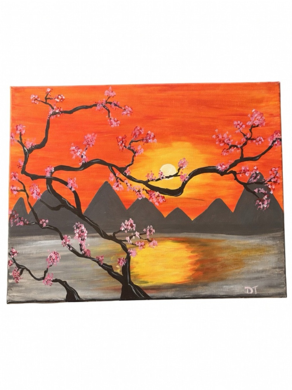 Cherry Blossom Sunset Canvas Art - Orange & Pink